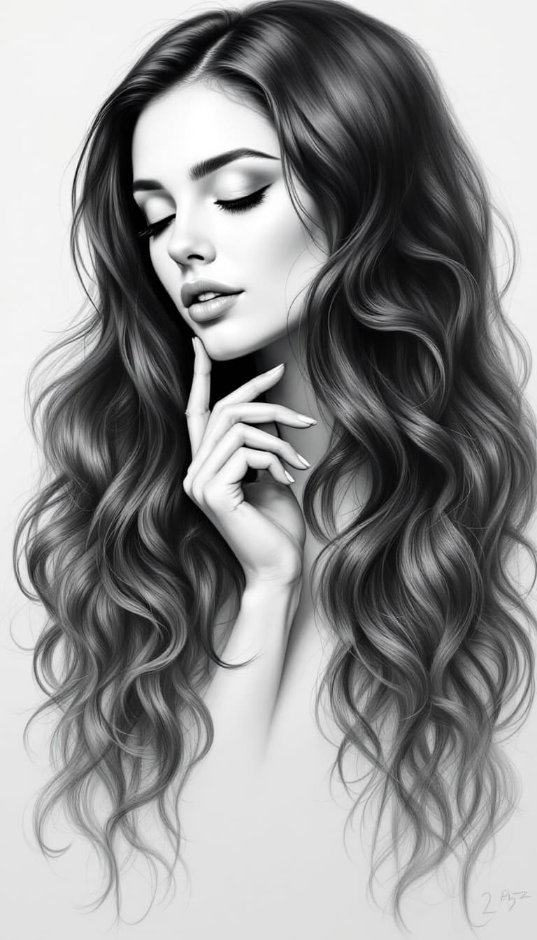 AI generated: The painting is a detailed black and white sketch of a woman with extremely long, wavy hair that flo...