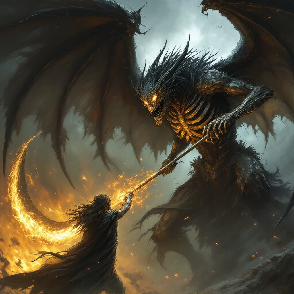 AI generated: A dramatic, final battle scene between the hero and a death-like draconian creature. The hero, a str...