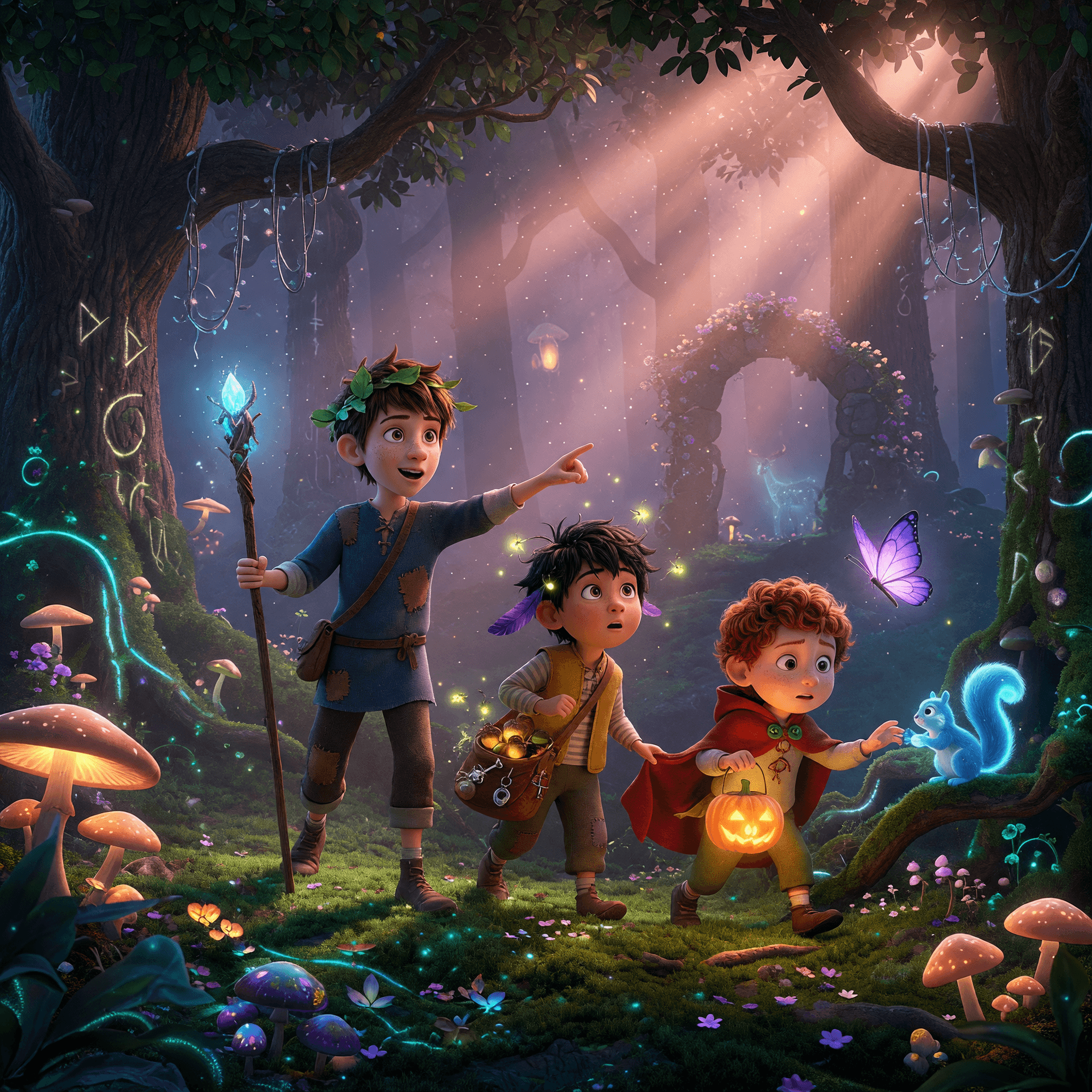 AI generated: “3 brave little boys, all brothers, aged 10, 8 and 6 are exploring an enchanted forest, 3D render, c...