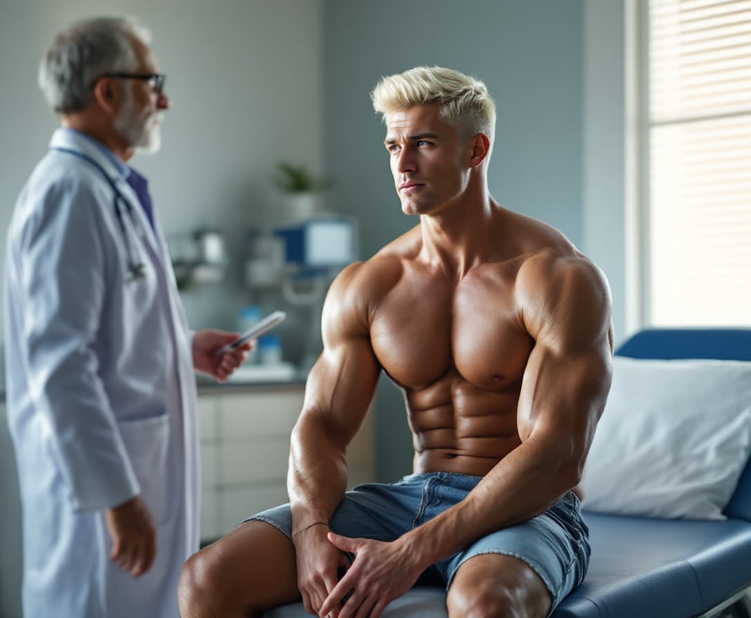 AI generated: high-resolution photo, full body standing, muscular male with platinum blonde hair, cutoff blue jean...