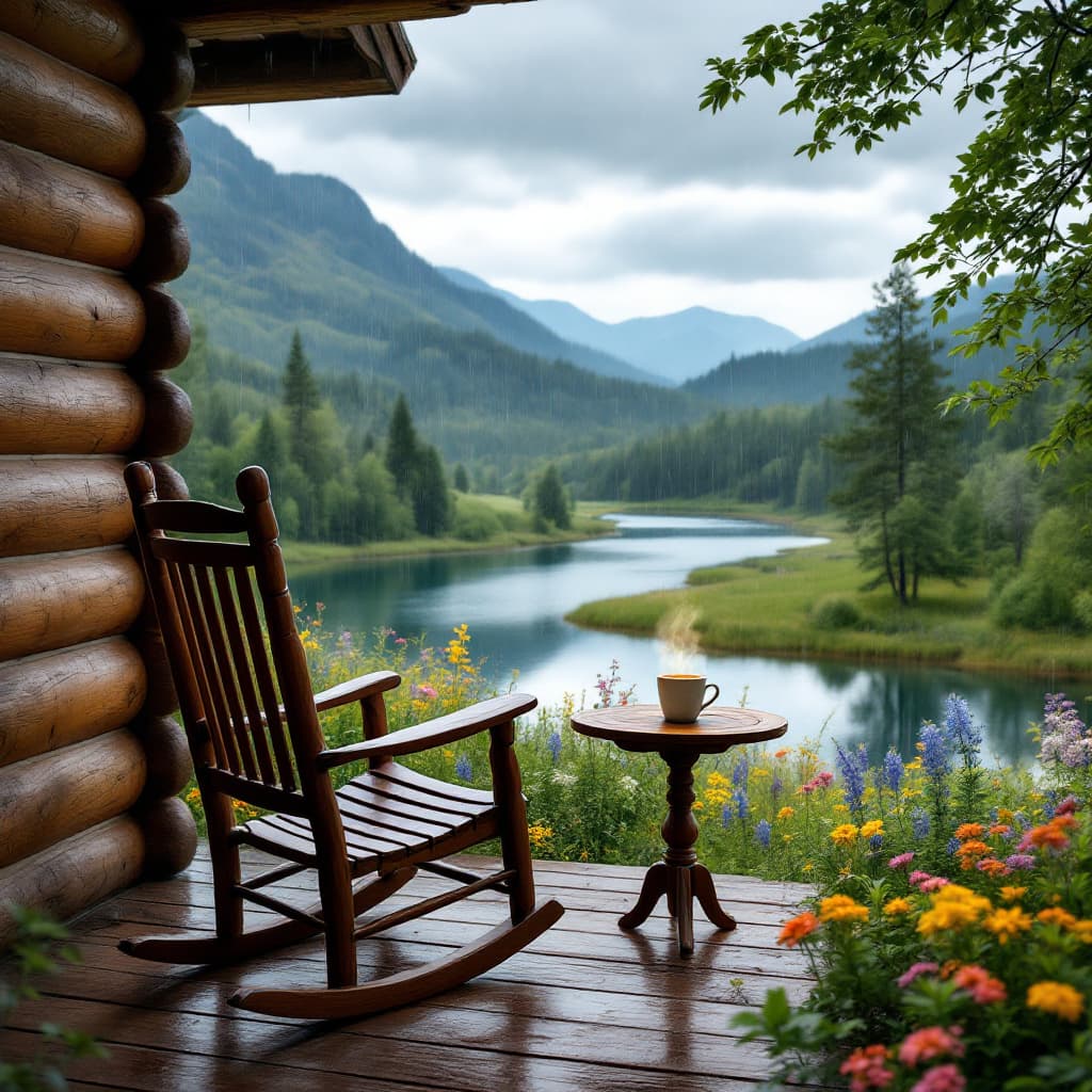 AI generated: A realistic, wide angle scene of a wooden rocking chair on a small porch on a log cabin. A small, wo...