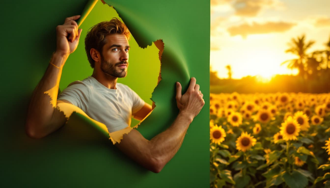 AI generated: A photo of a European man with a confident expression tearing a green paper wall. He reveals a tropi...