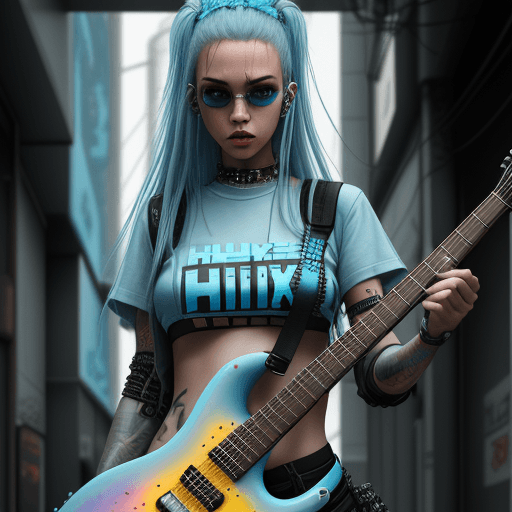 AI generated: High resolution, detailed, woman, streetwear, light blue skin hue, punk, playing an electric guitar,...