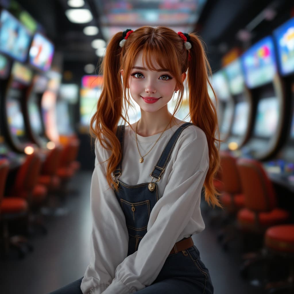 AI generated: girl, happy twin tails, beautiful auburn color hair, lush, bohemian hair, realistic, arcade, black f...