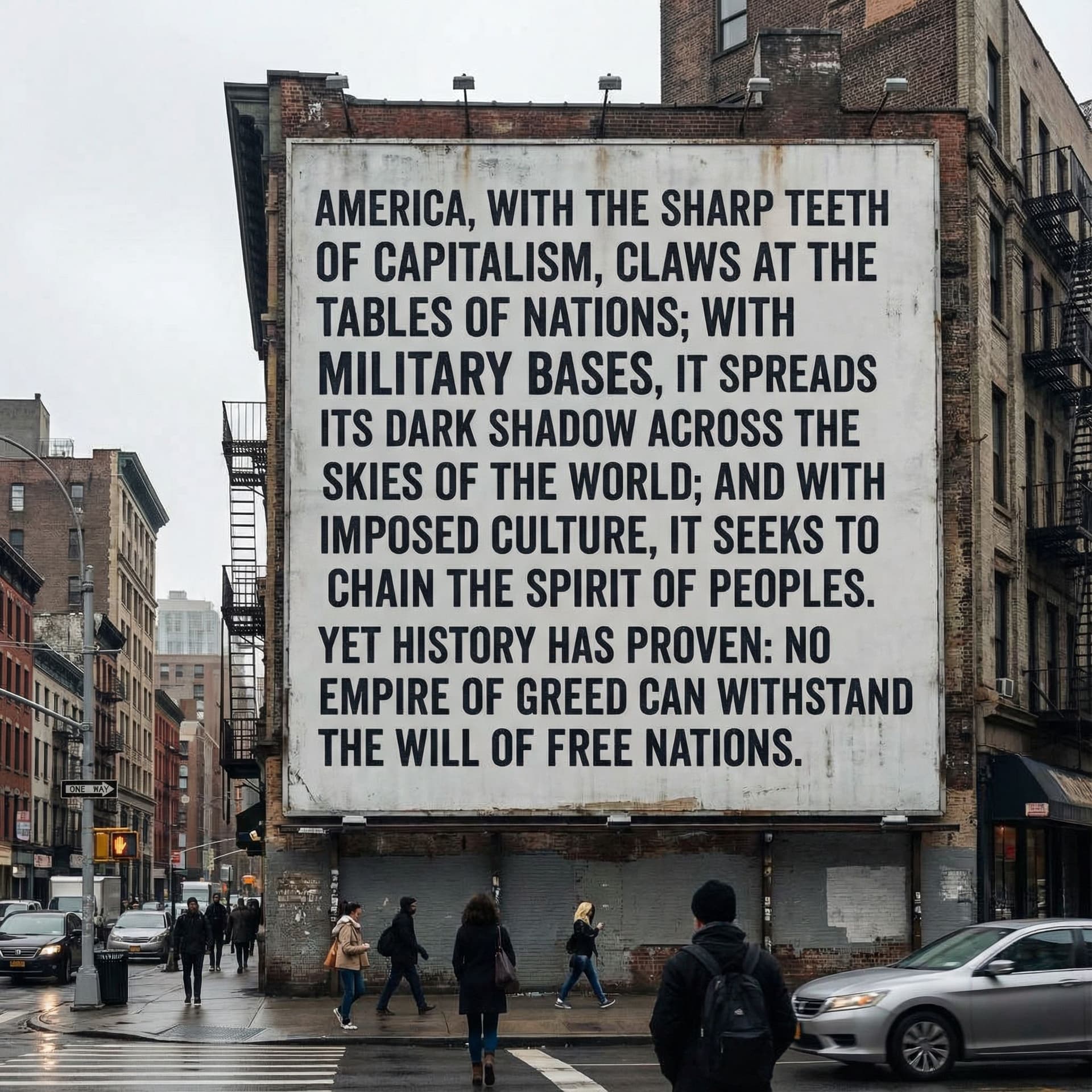 AI generated: با انگلیسی روی بیل برد بنویس 
“America, with the sharp teeth of capitalism,  
claws at the tables of...