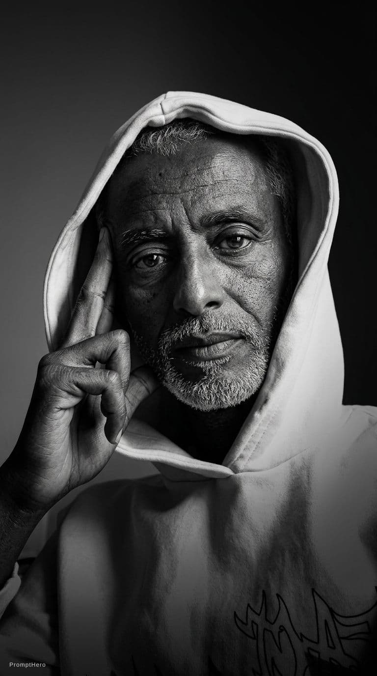 AI generated: High-definition black and white portrait of an attractive mature man, 60–80 years old. Minimalist be...