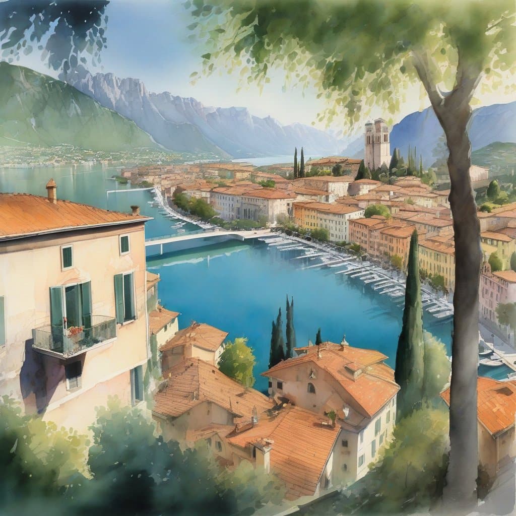 AI generated: Wide angle view of Riva del Garda, mediteranian italian harbor scene, wet paper, watercolor vignette...