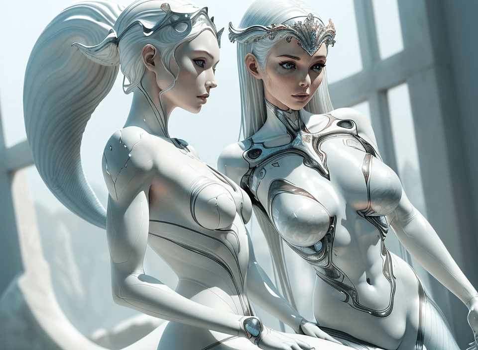 AI generated: a woman with mermaid body and a SILVER headpiece on her head and a white bodysuit on her chest,Artge...