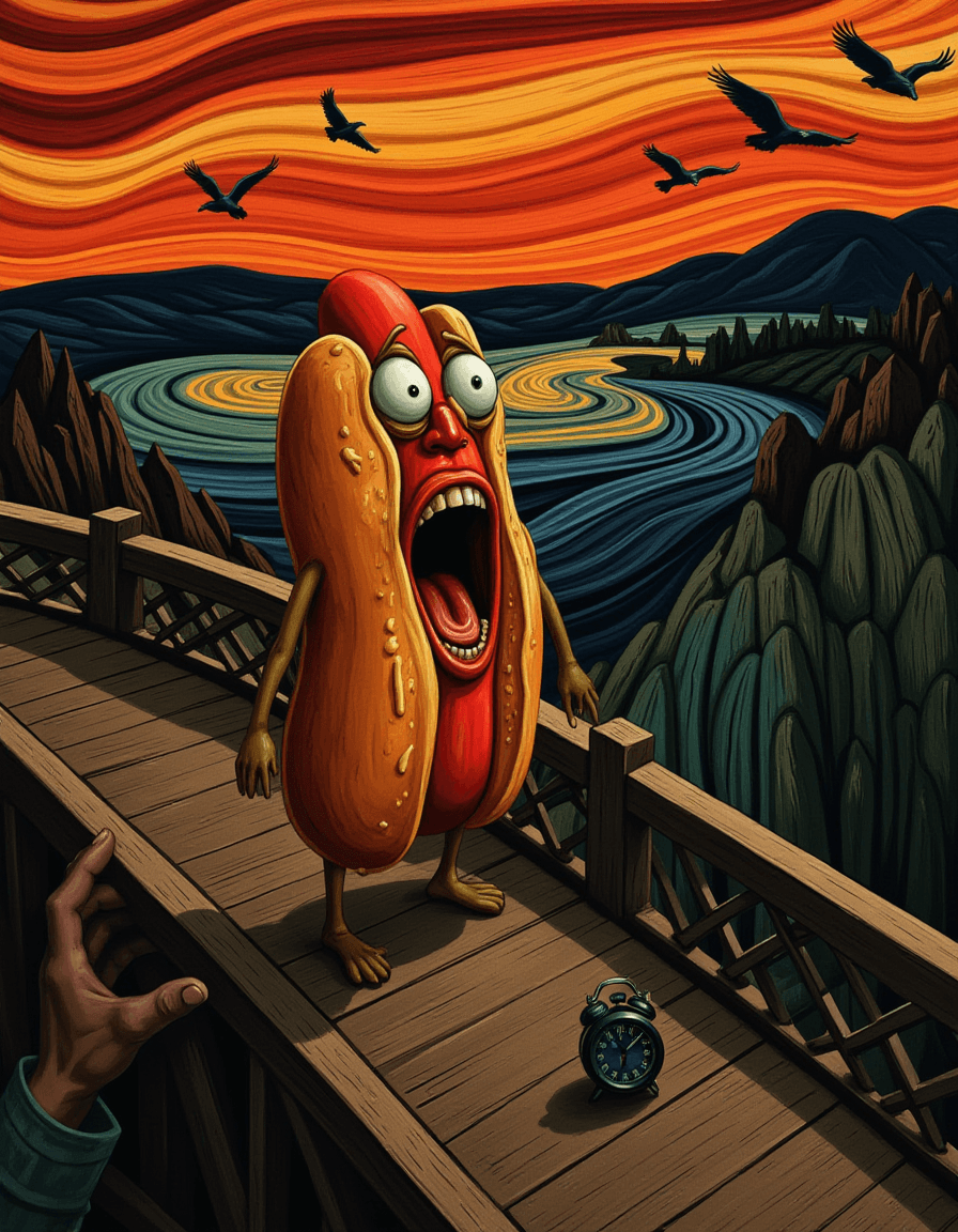 AI generated: A terrified hot dog with a human-like face, eyes bulging and mouth agape in a silent, existential sc...