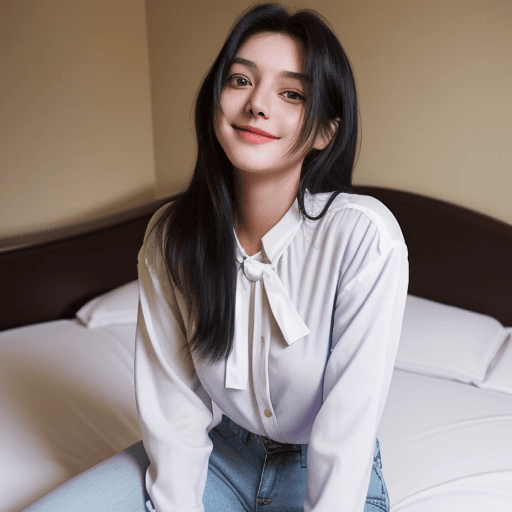 AI generated: A pretty 19 year old sitting on a hotel bed. She is wearing white jeans and a cute, purple blouse. S...