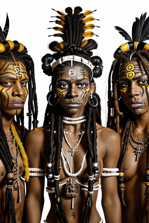 AI generated: three voodoo priests, all three visible, brown skin, faces painted white and black, voodoo symbols o...