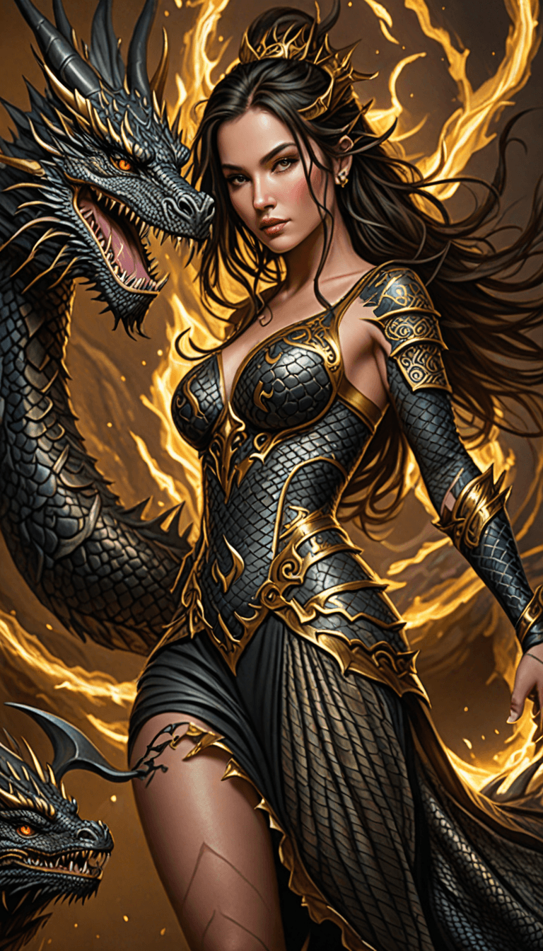 AI generated: An image of a majestic warrior queen standing with dragons. She wears ornate dragon-scale armor with...