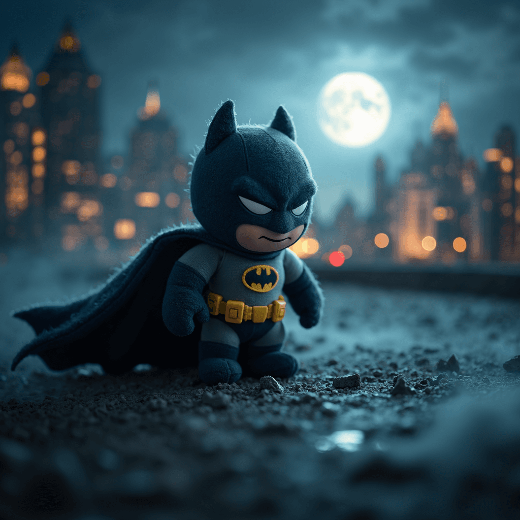 AI generated: plush soft textured world, plush Gotham city and light beam highlights the sky with push logo of a b...