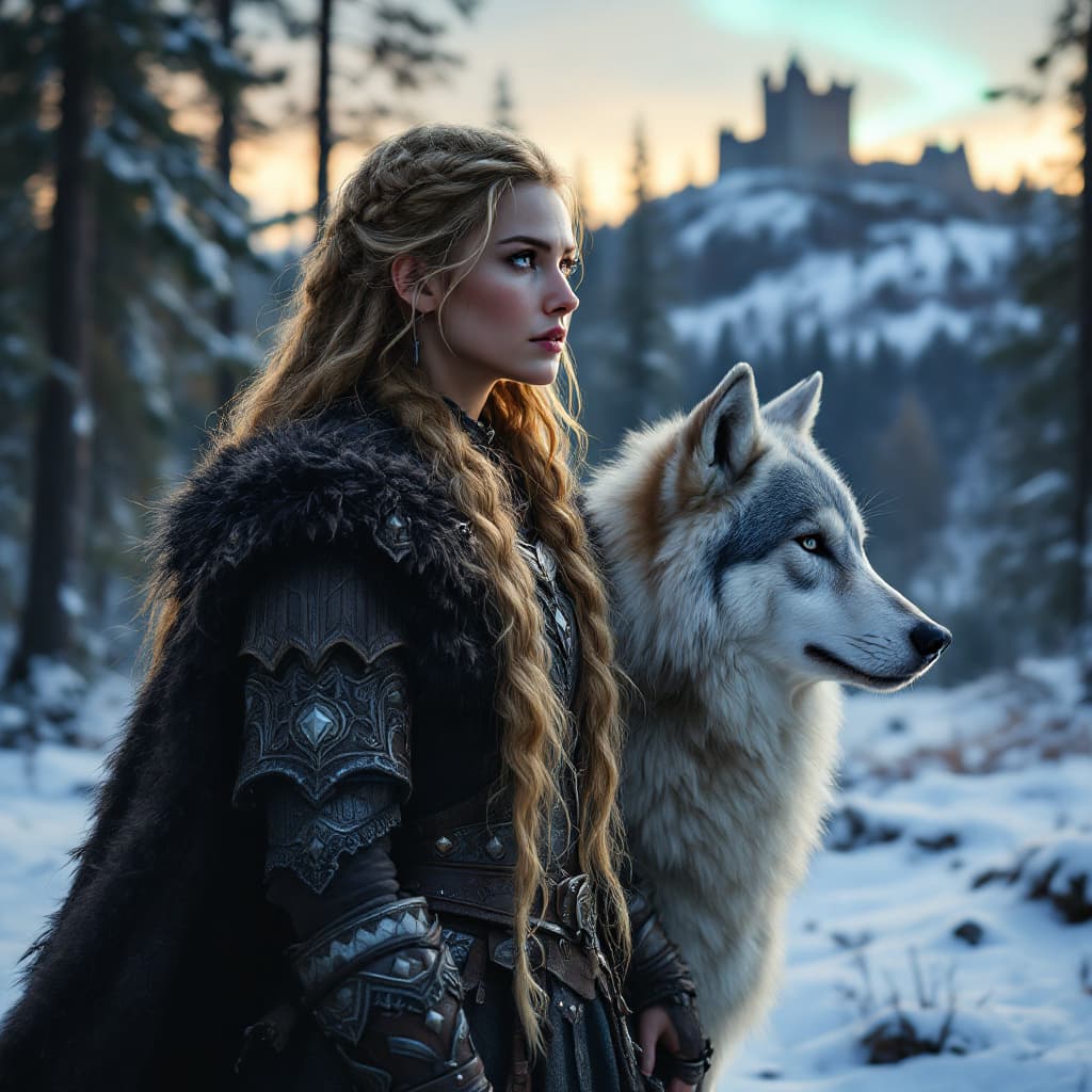 AI generated: A Viking warrior woman with long golden braids, dressed in intricately detailed fur and leather armo...