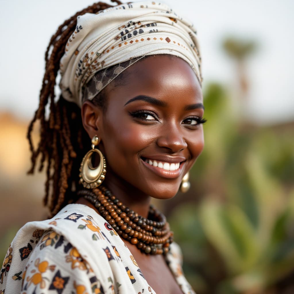 AI generated: High-resolution photography of a modern Fulani woman, smiling, light-skinned, voluptuous, charming, ...