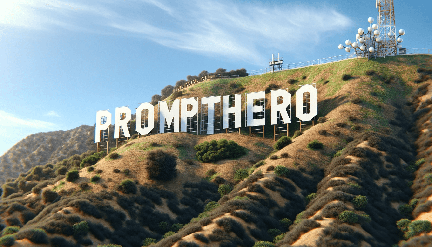 AI generated: A photorealistic billboard that mimics the Hollywood signboard with the text “PromptHero.”