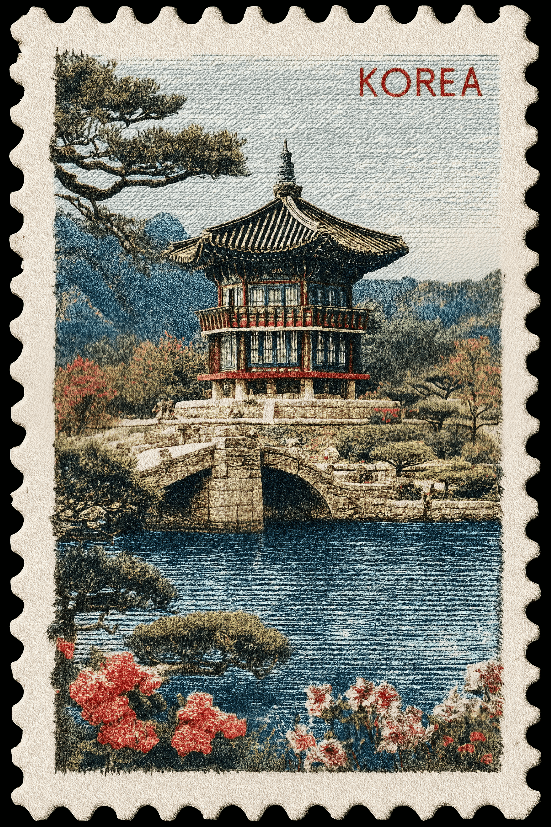 AI generated: retro stamp scene of korea, halftone shading, narrow color register, small frame composition, clean ...