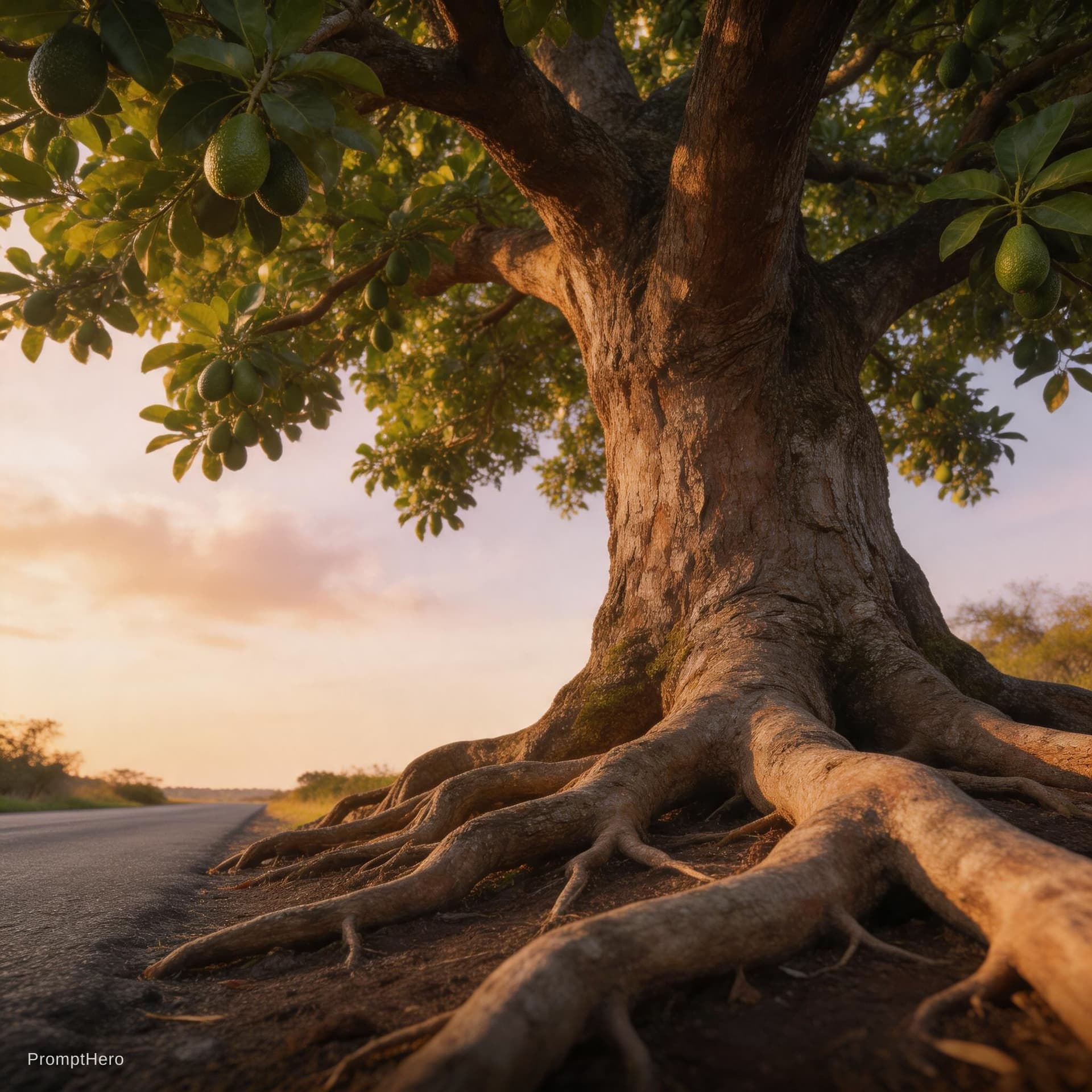 AI generated: An ancient avocado tree with deep roots, lush foliage, and fruit bathed in the evening light; a road...