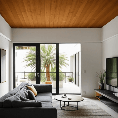AI generated: I am describing an indoor modern living room. 2 couches backed from a beatiful modern balcony door w...