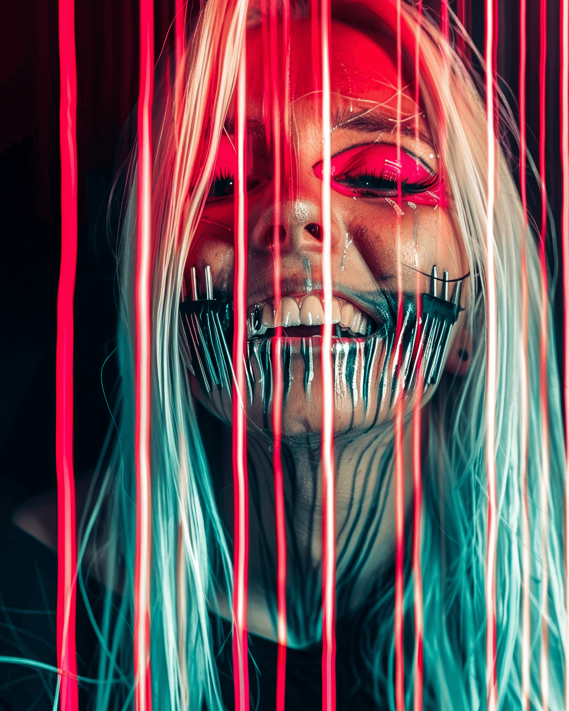 AI generated: robotic woman with long metallic fangs as teeth, with a neon pink holographic screen, long white hai...