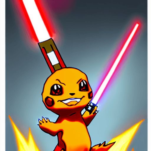 AI generated: Charmander wielding a lightsaber. Anime style