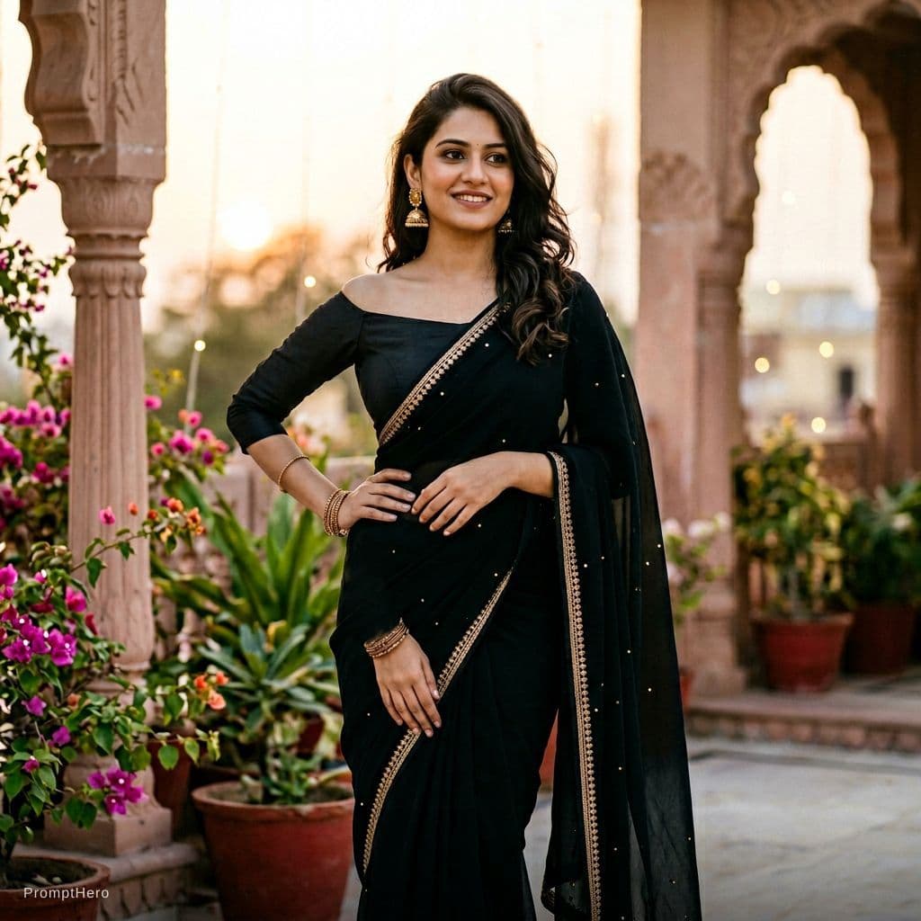 AI generated: busty indian girl with offshoulder blouse and sexy black saree with sexy pose. breast size should be...