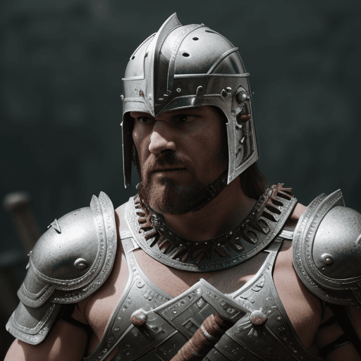 AI generated: Male barbarian warrior, gladiator, facing camera, finely detailed and full face helmet, armor, spear...