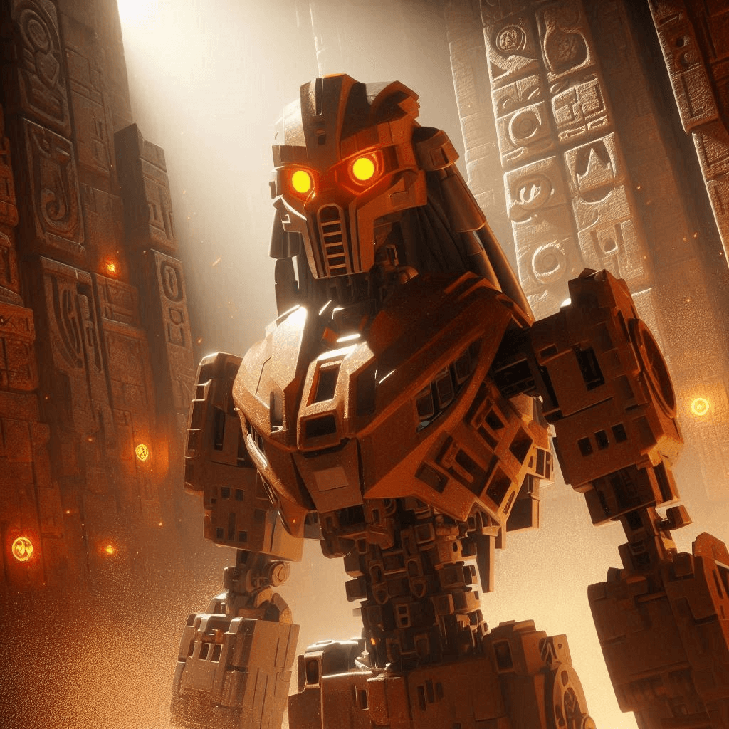 AI generated: Close-up Star Wars 4K cinematic CGI rendering of an ancient brown Bionicle Toa of Stone robot with o...