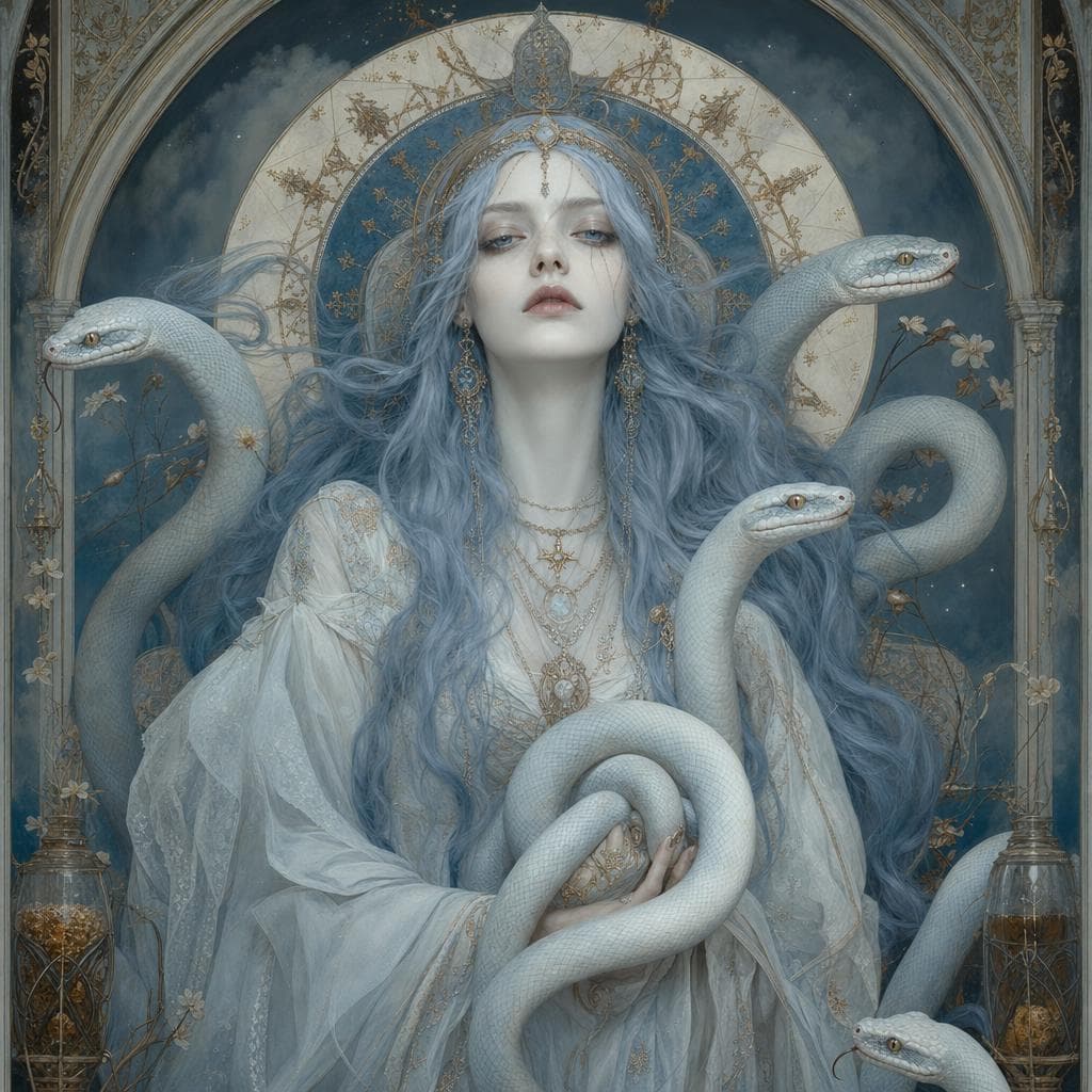 AI generated: images of a young woman, with long flowing light blue hair. with her deadly snakes, in the style of ...