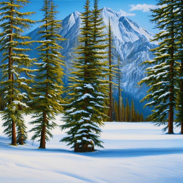 AI generated: photorealistic oil on canvas of some trees in some snow on a small mountain, shutterstock, Canadian ...