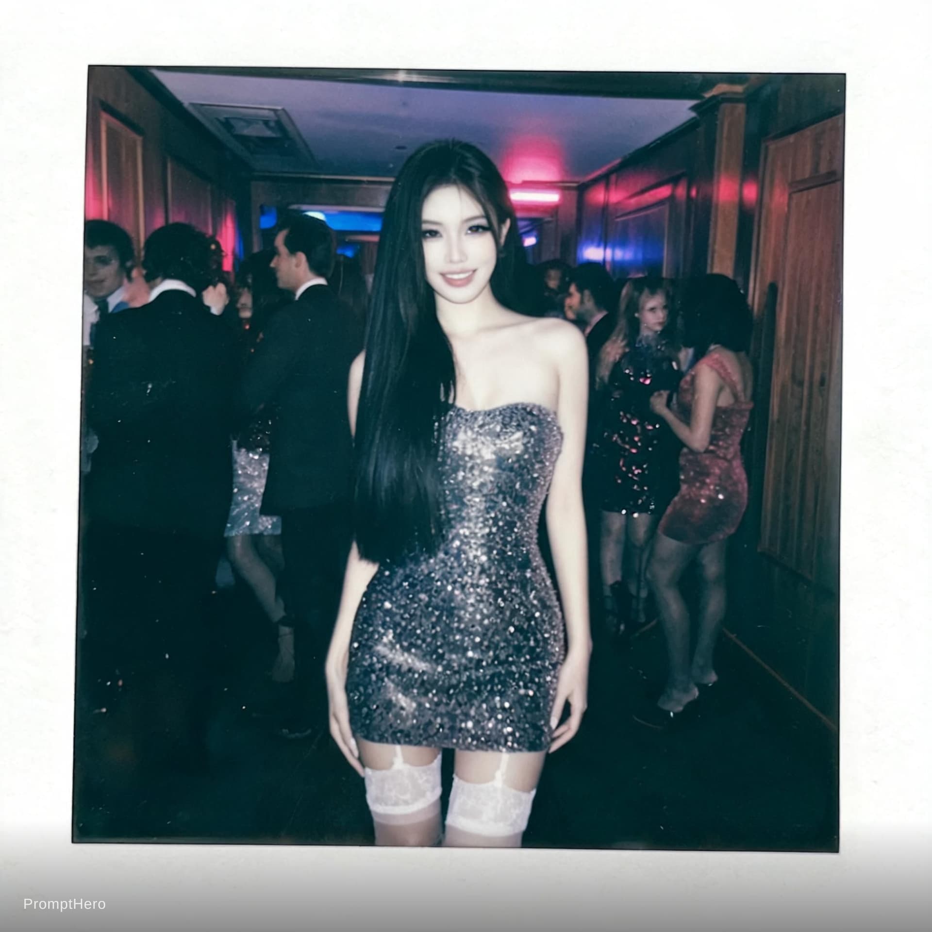 AI generated: Polaroid photo of a 18-year-old vintage-style italian girl with a doll-like face and a sultry,big sm...