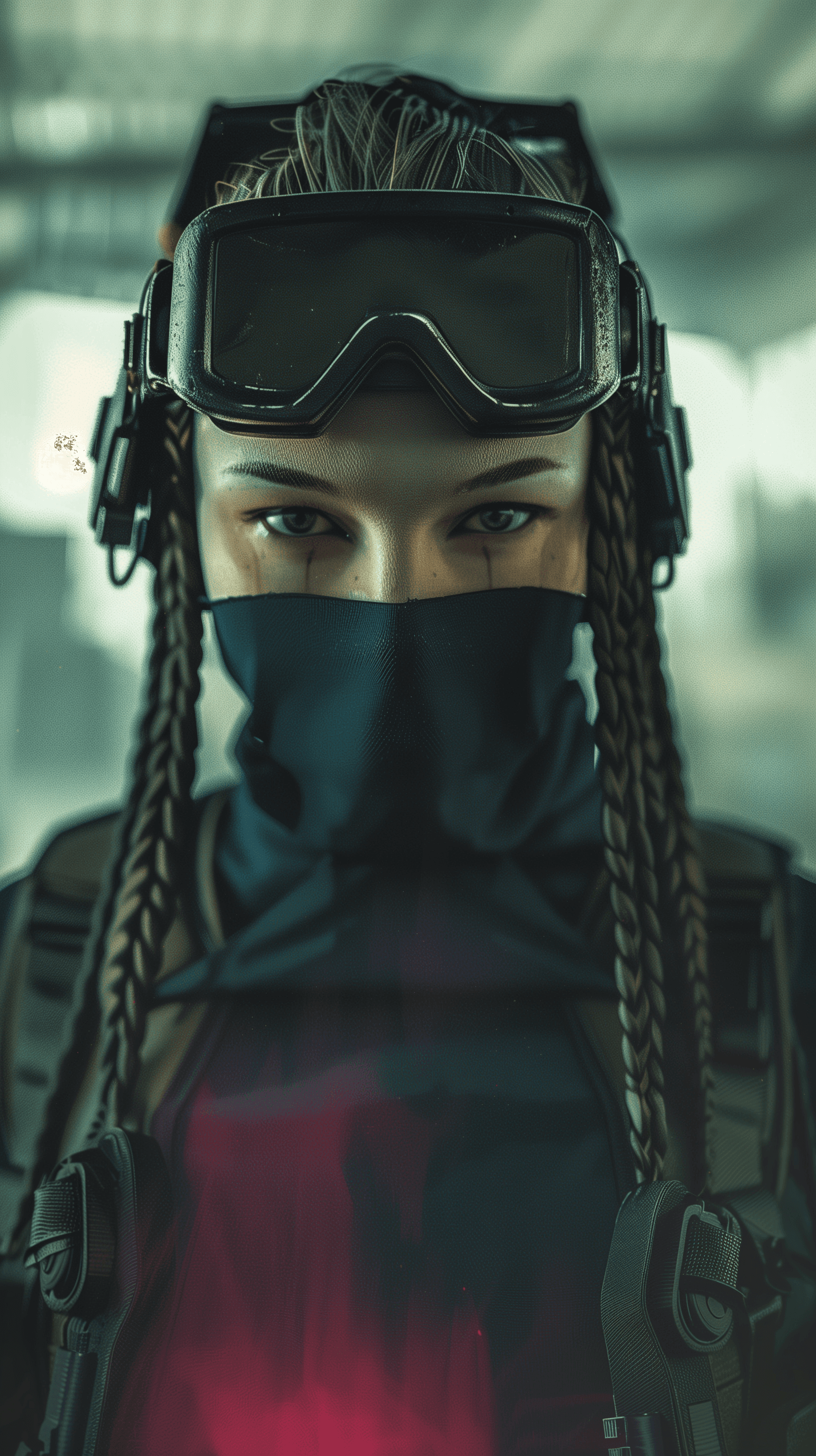 AI generated: Full body height shot. A photo of an attractive cyberpunk woman with dark hair and black eyes wearin...