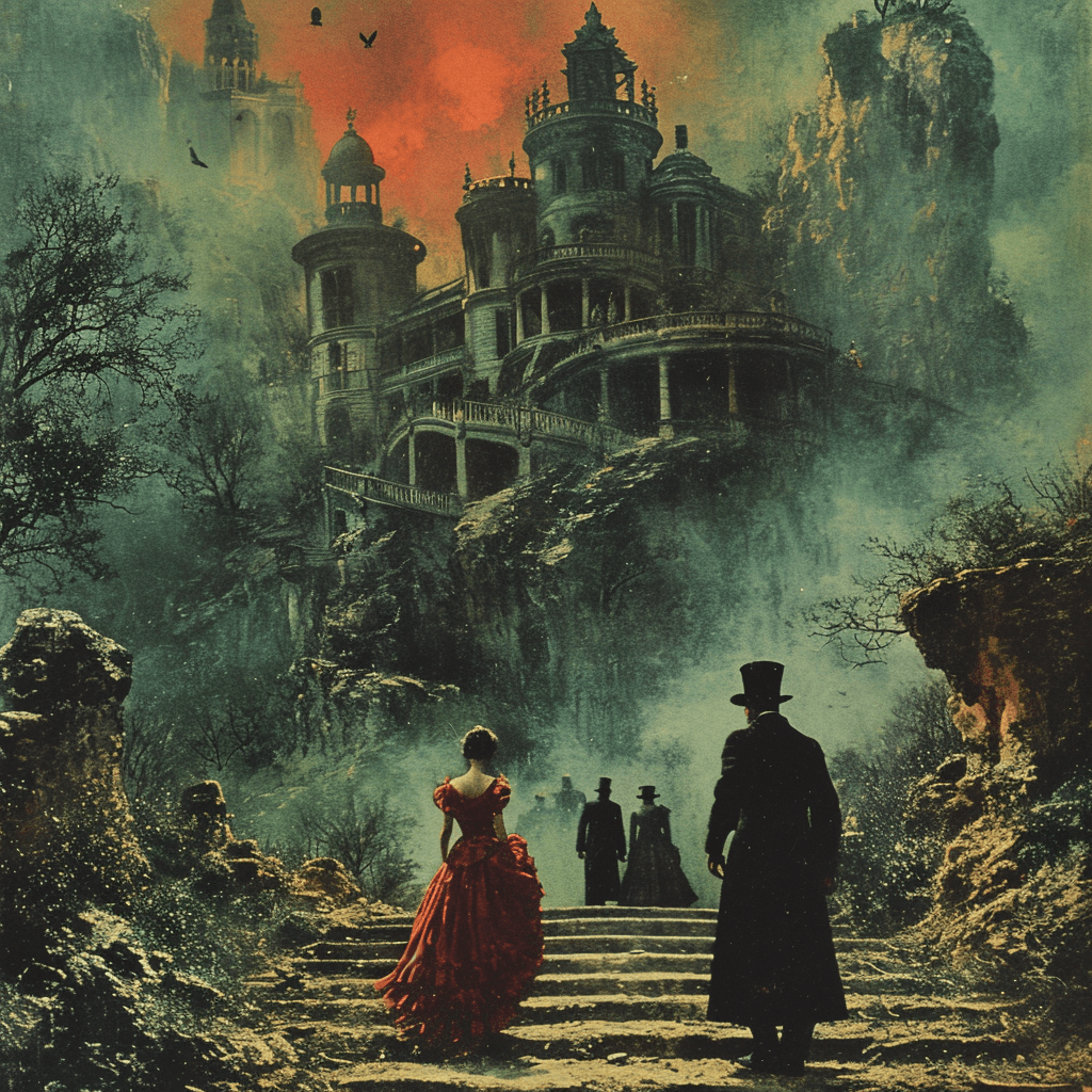 AI generated: the best of hammer horror, in the style of fiberpunk, trompe-l'œil, satirical tone, mosscore, crimso...