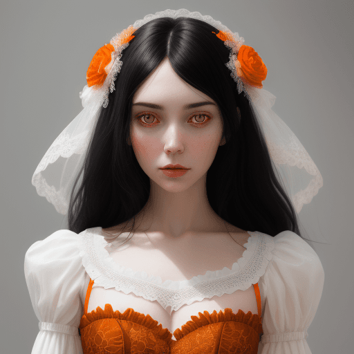 AI generated: a beautiful black-haired  woman in a lace bodice, in the style of light white and light amber, emoti...