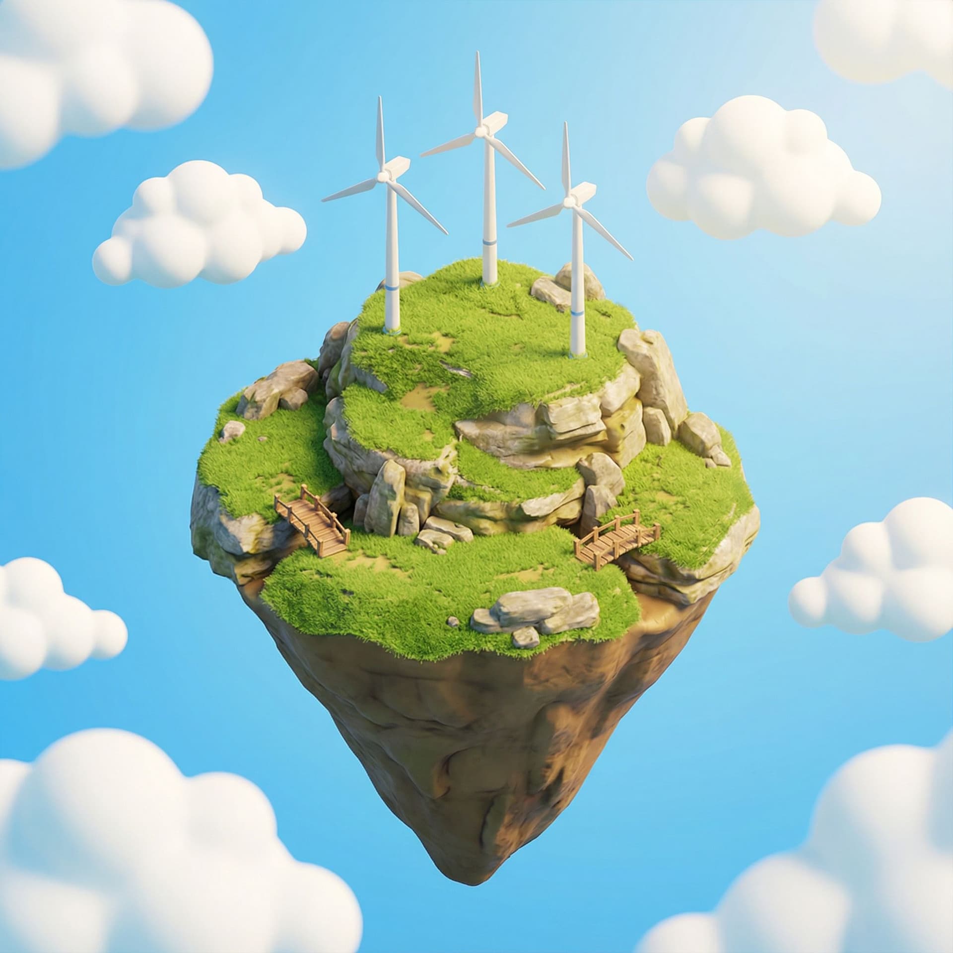 AI generated: 3d isometric rendering of a [cone-shaped island with 3 wind turbines], green pastures, rocks, and ti...