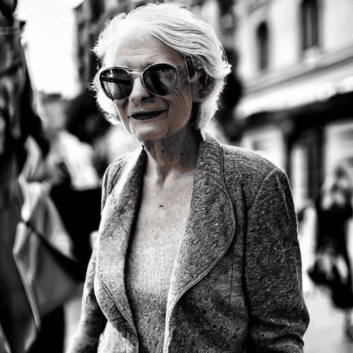 AI generated: /imagine prompt: photorealistic, senior beautiful woman, grey hair, wearing fashionable clothes, sun...