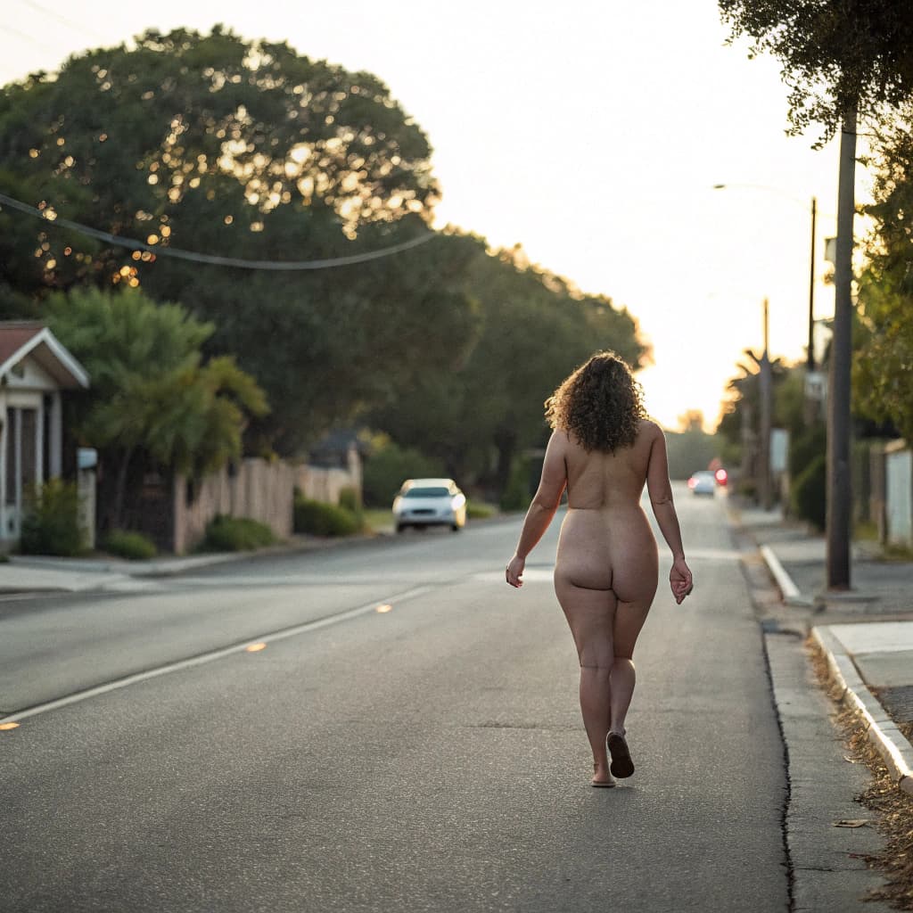 AI generated: A girl in daylight, walking naked with big boobs in the street full body view her height is approxim...