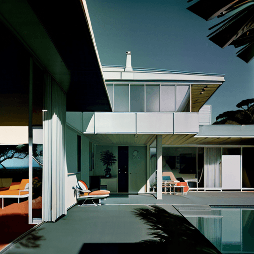 AI generated: Hyper realistic eye level exterior photo of a mid century modern style house overlooking the ocean, ...