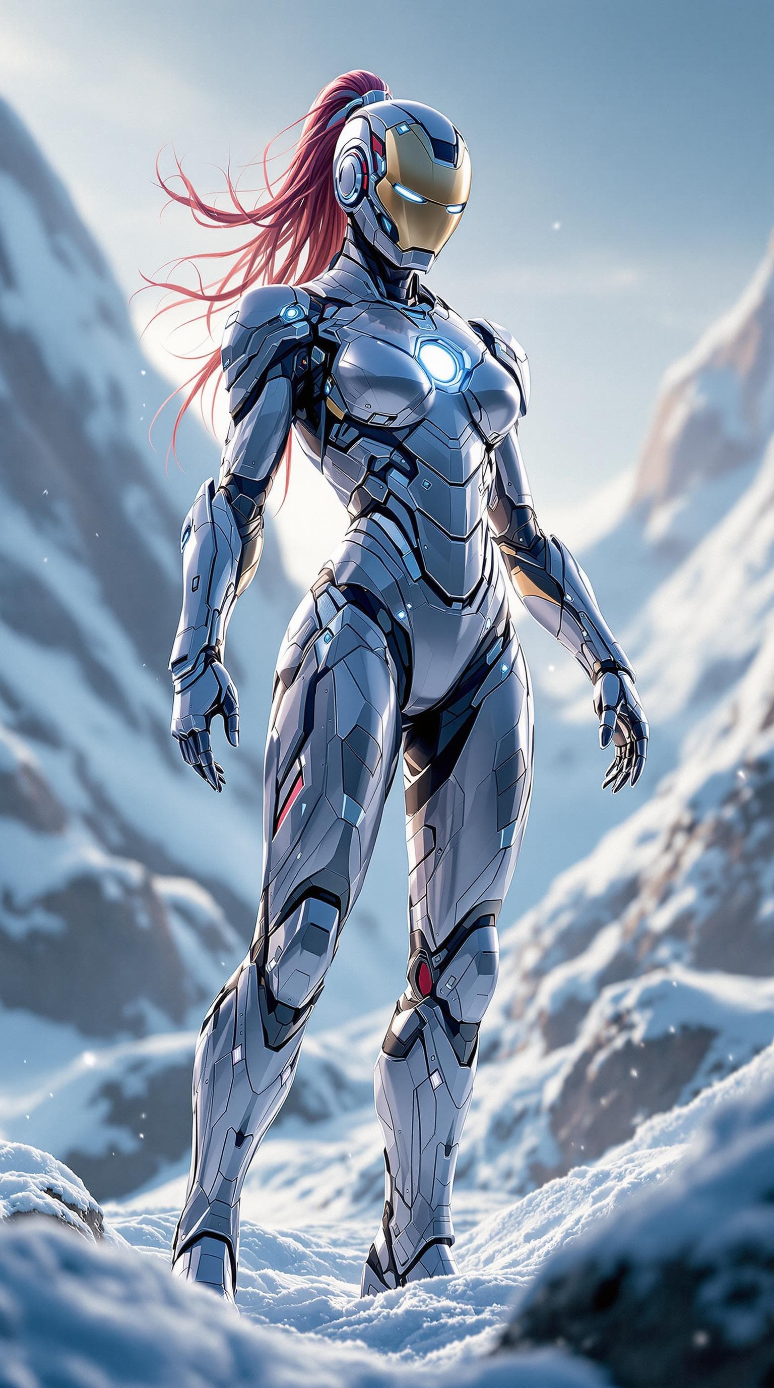 AI generated: Female M Iron Man's suit, curvaceous figure, full-body pose, standing heroically in a serene, icy la...