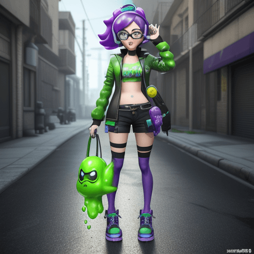 AI generated: splatoon 3 character, 3d model, adult lady, street style, unreal engine 5, green slime melt, blue an...