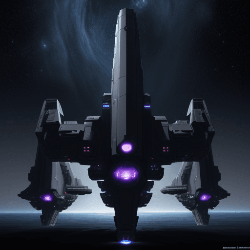 AI generated: a big dark starship, in deep space, future, fantasy, high technology, 8k, 3 big cannons in front,  