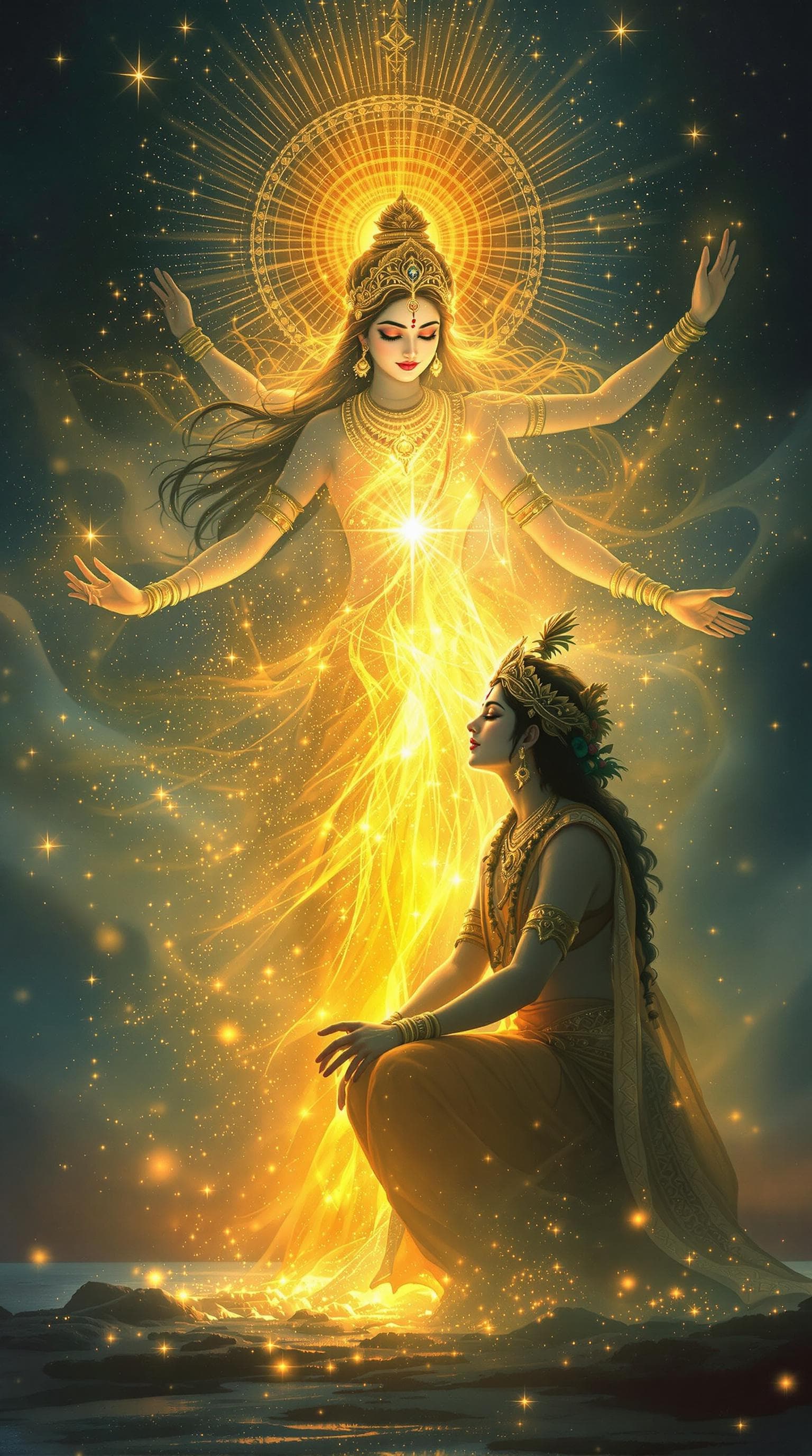 AI generated: Image Prompt: "Radha glowing with divine energy, appearing as Yogmaya, surrounded by golden light, a...