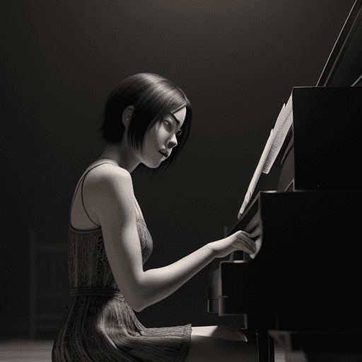 AI generated: Mikasa Ackerman playing piano
, black and white still, digital Art, perfect composition, beautiful d...