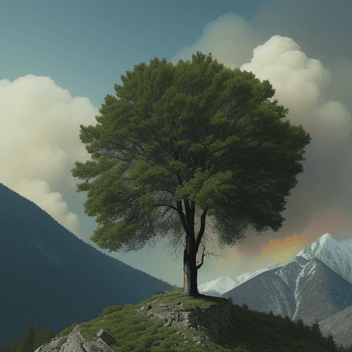 AI generated: A green tree in a mountainous area, but the tree is burning with fire