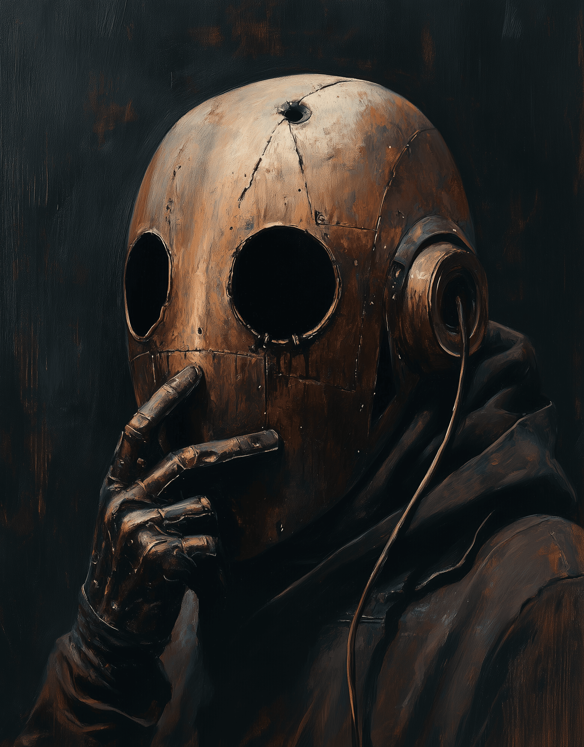 AI generated: An oil painting in the style of Gerald Brom depicting an ancient, rusty, and weathered bronze helmet...