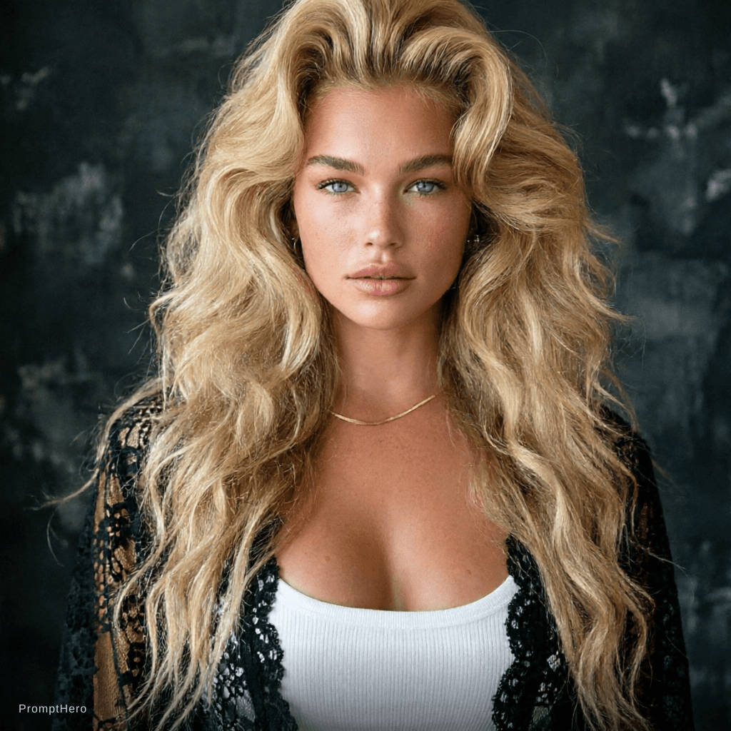 AI generated: A stunning, sensual woman with long, tousled blonde hair stands against a softly lit, dark textured ...