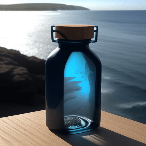 AI generated: image of a transparent dark blue bottle, with the sea in the background.