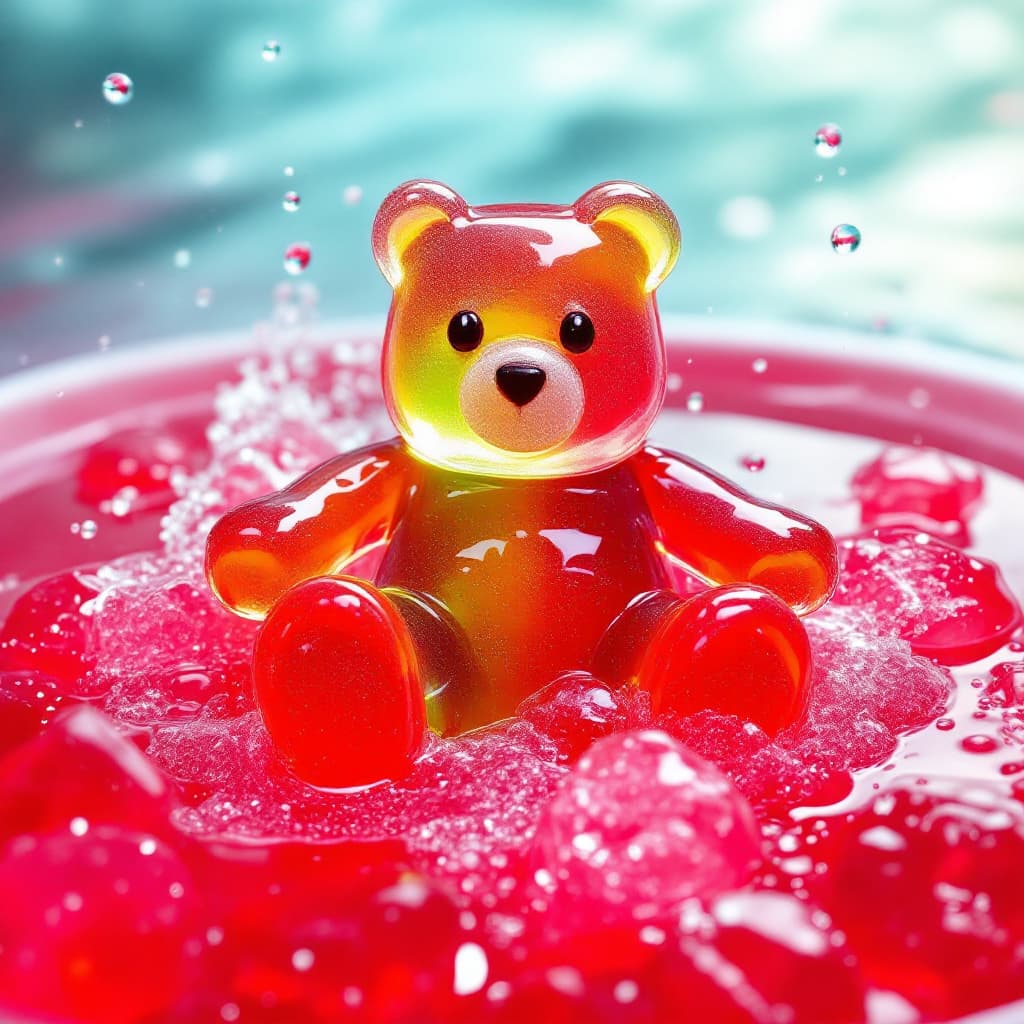 AI generated: sour gummybears taking a red jelly bath