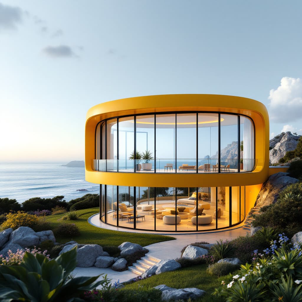 AI generated: two floor yellow house with an oval corner with 
 big windows from ceiling to the floor,  flat roof,...
