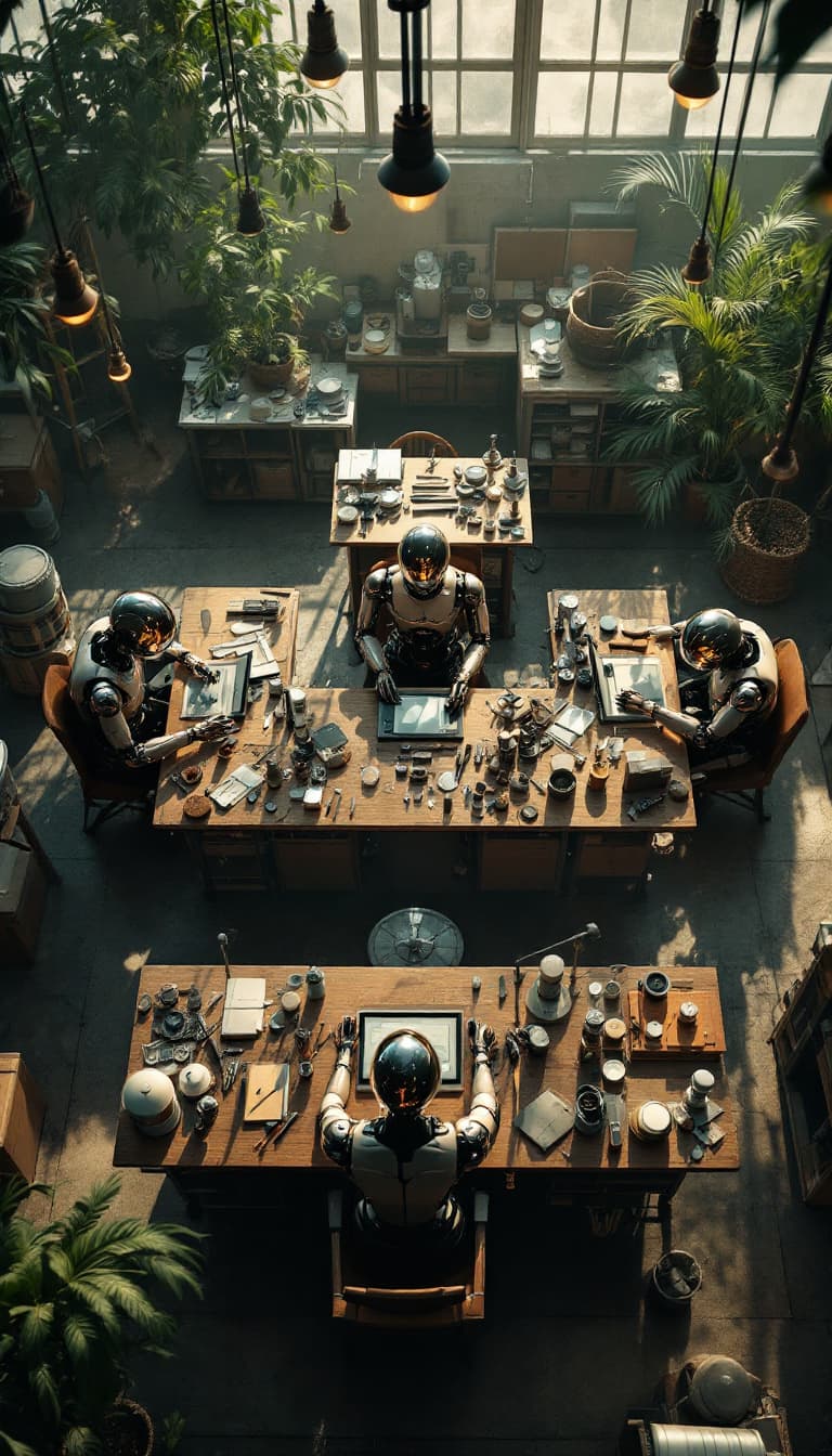 AI generated: A highly detailed cinematic overhead shot capturing a workshop with multiple workstations. At each w...
